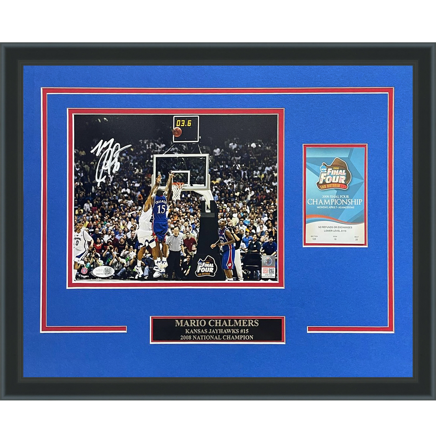 Mario Chalmers Autographed Kansas Jayhawks (2008 Final Four Shot) Deluxe Framed 8x10 Photo with Replica Ticket - JSA