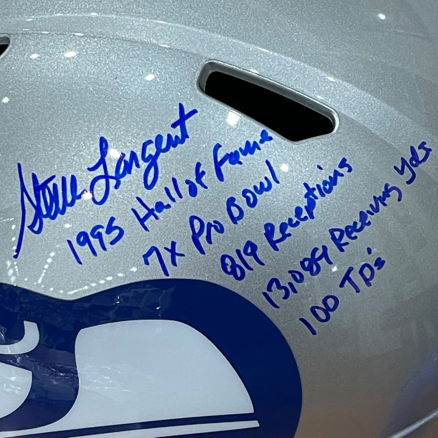 Steve Largent Autographed Seattle Seahawks (Throwback) Deluxe Full Size Replica Helmet w/ Multiple Stat Inscriptions