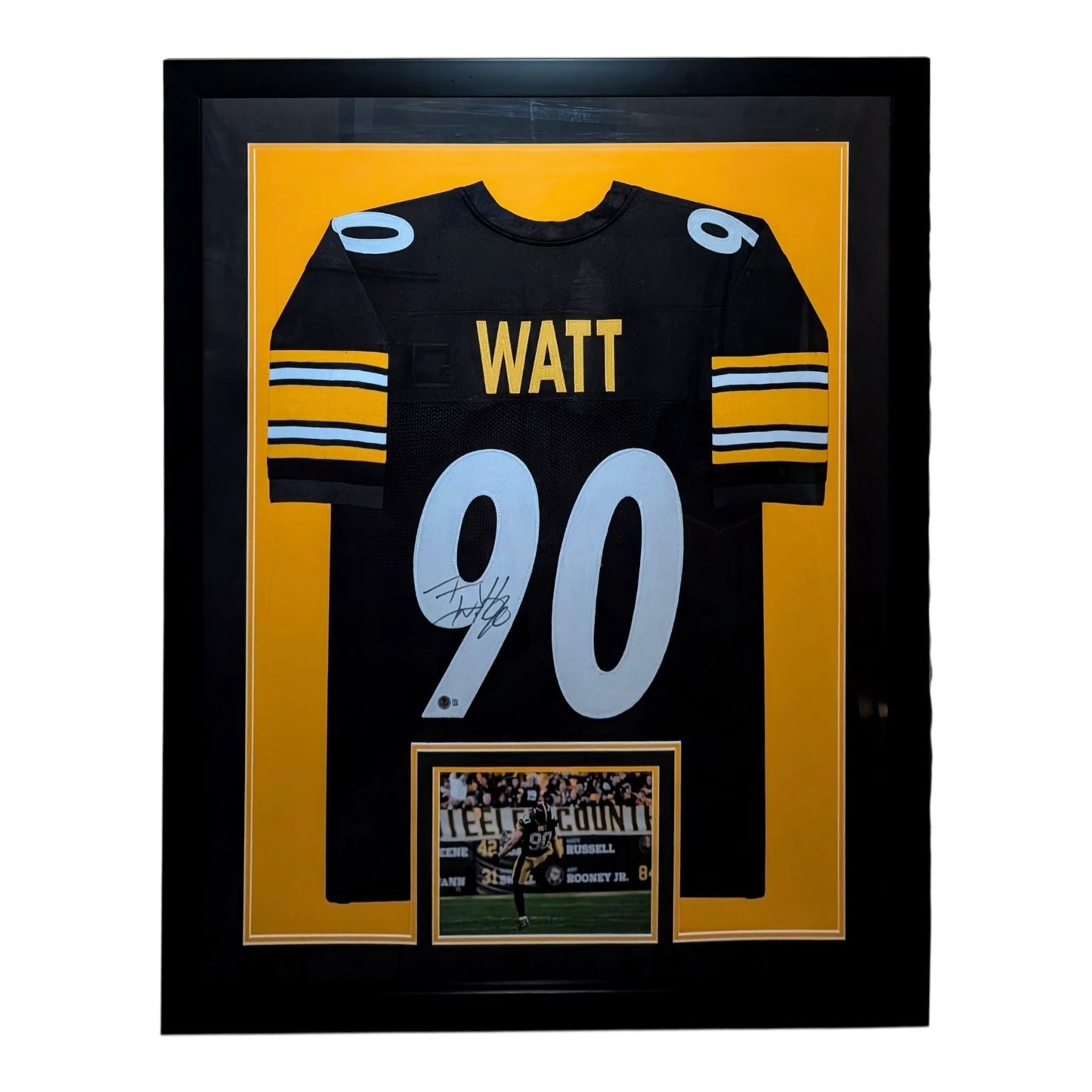 T.J. Watt Autographed Pittsburgh Steelers (Black #90) Vertical Framed Jersey