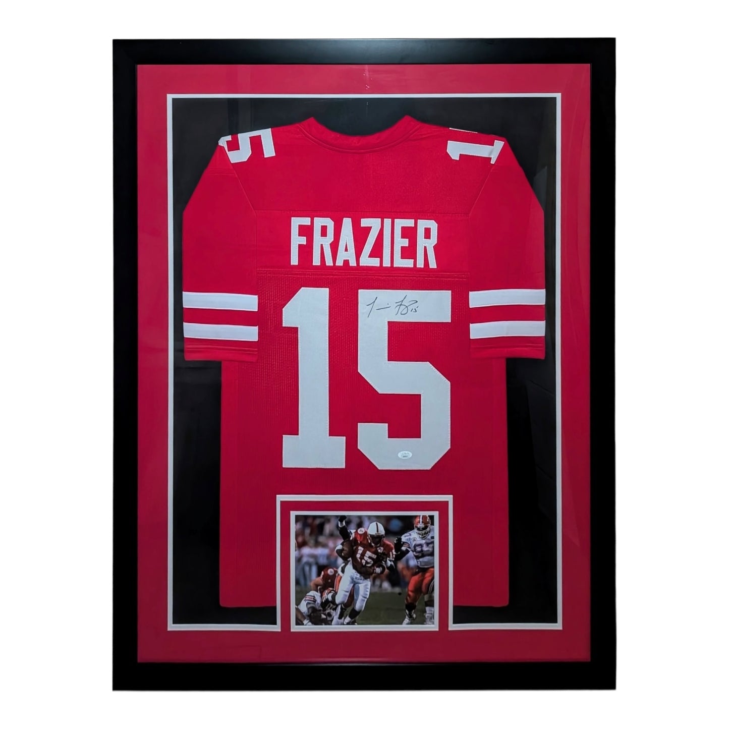 Tommie Frazier Autographed Nebraska Huskers (Red #15) Vertical Framed Jersey w/ 94-95 Natl Champs