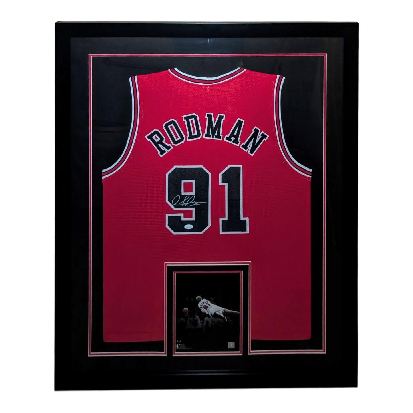 Dennis Rodman Autographed Chicago Bulls (Red #91) Vertical Framed Jersey