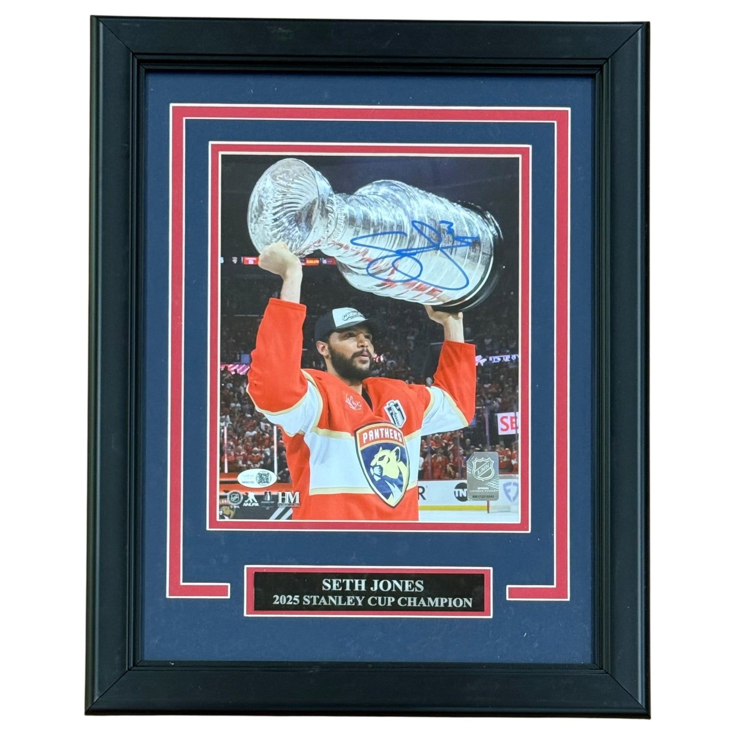 Seth Jones Autographed Florida Panthers 2025 Stanley Cup Trophy Deluxe Framed 8x10 Photo - JSA