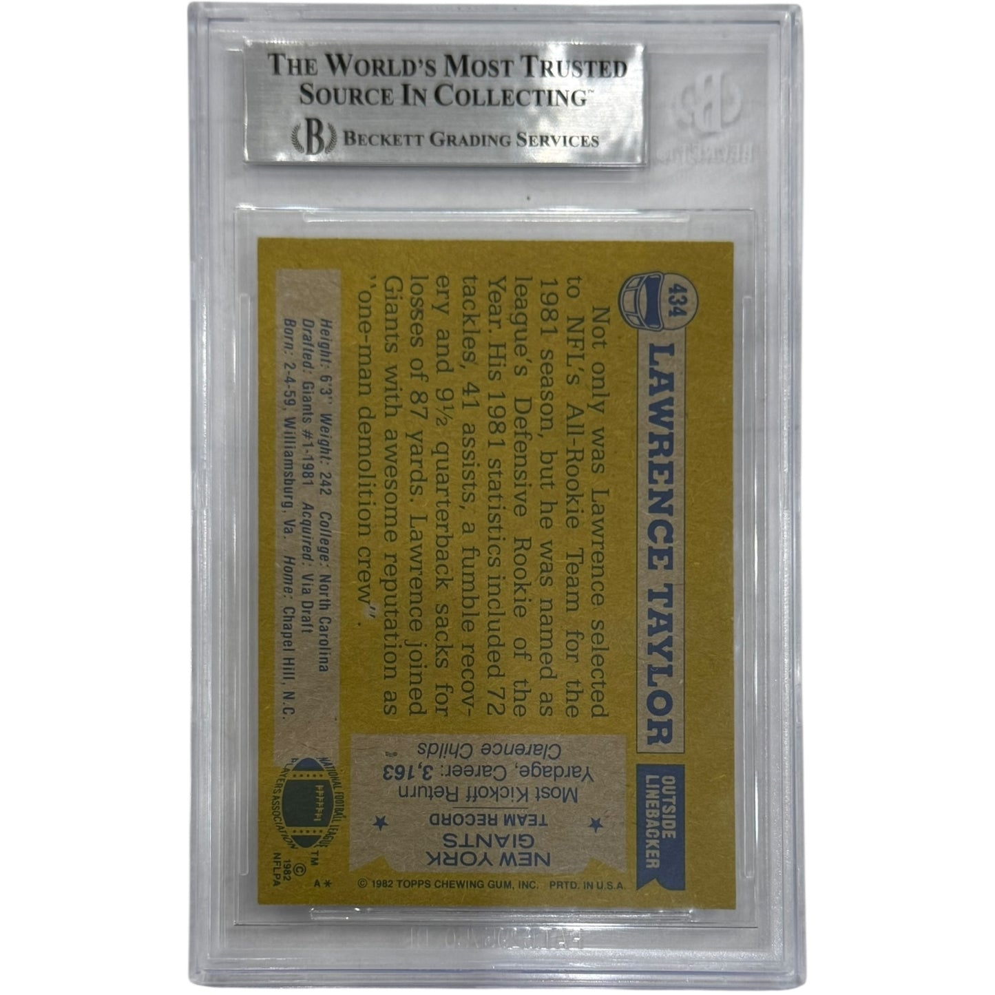 Lawrence Taylor Autographed New York Giants 1982 Topps Rookie Card #434 - Beckett