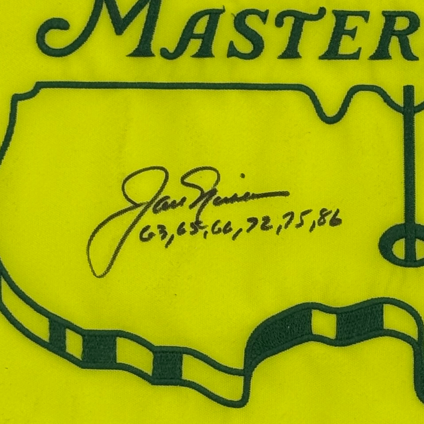 Jack Nicklaus Autographed Undated Masters Golf Pin Flag Deluxe Framed with Victory Dates Inscription - JSA