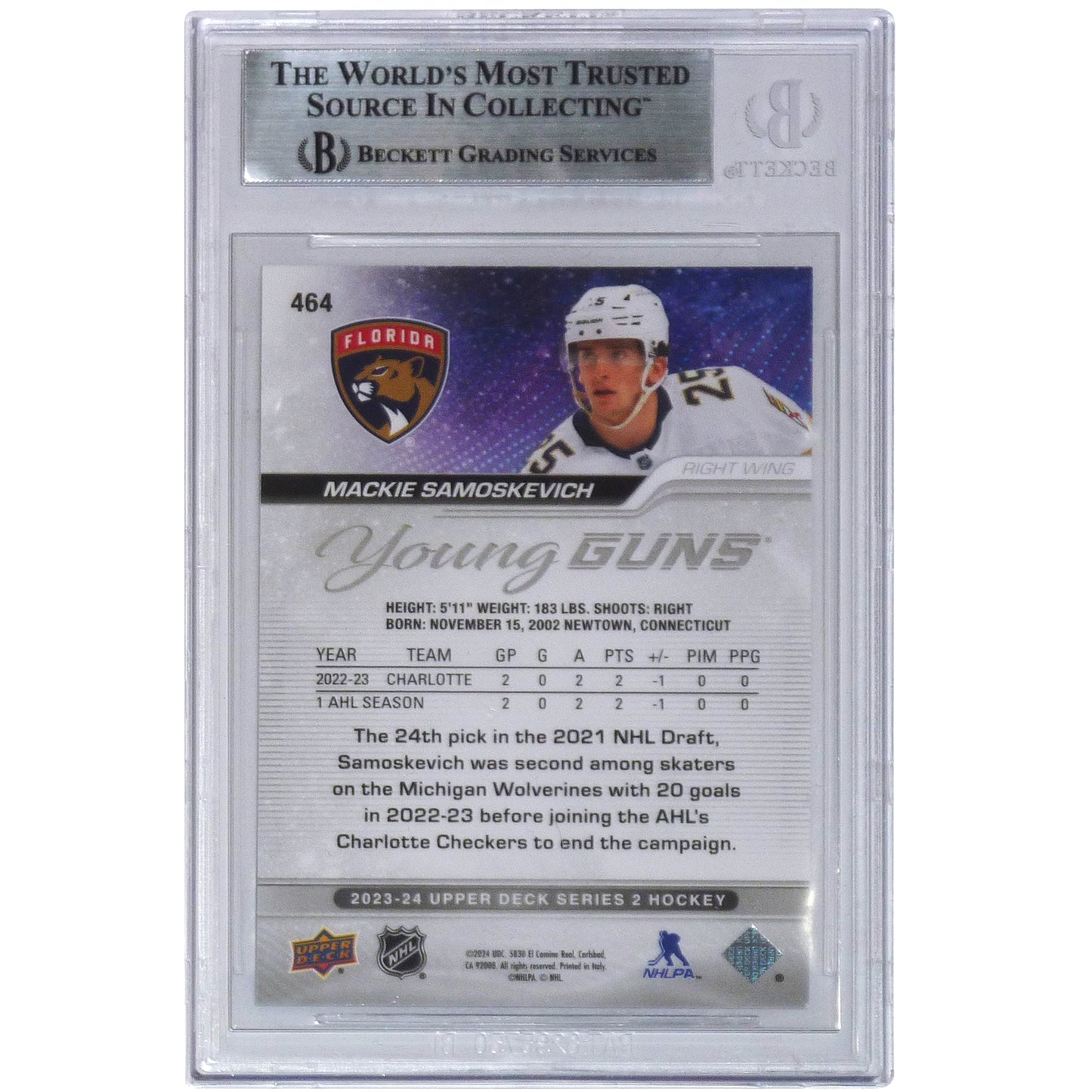 Mackie Samoskevich Autographed 2023-24 Upper Deck Young Guns 464 Rookie Card - Beckett