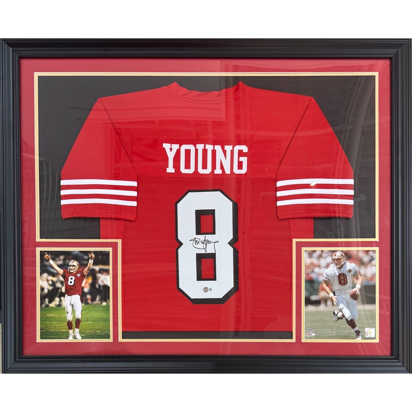 Steve Young Autographed San Francisco 49ers (Red #8) Deluxe Framed Jersey - JSA