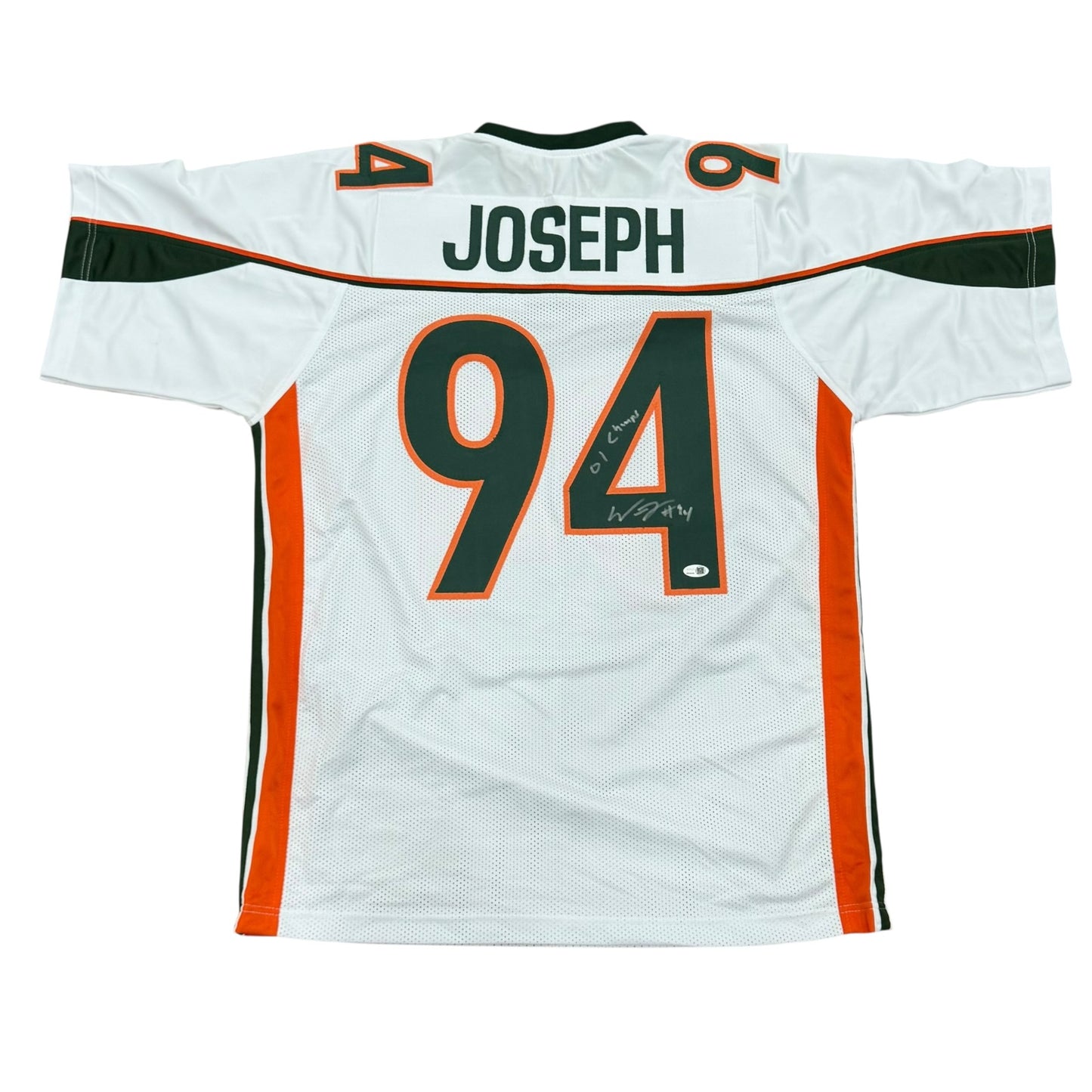 William Joseph Autographed Miami (White #94) Custom Stitched Jersey w/ "01 Champs" - JSA