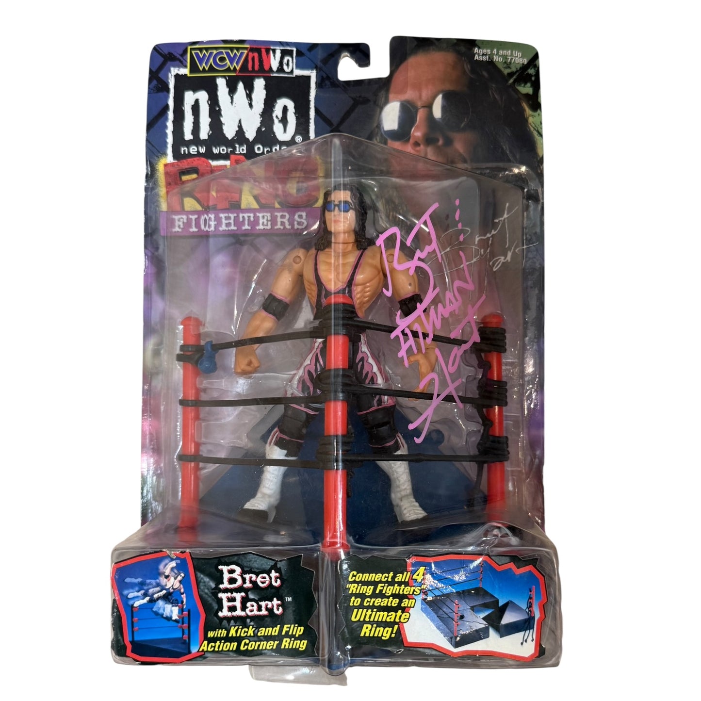 Bret "Hitman" Hart Autographed WCW NWO Wrestling Ring Fighters Action Figure In Box - JSA