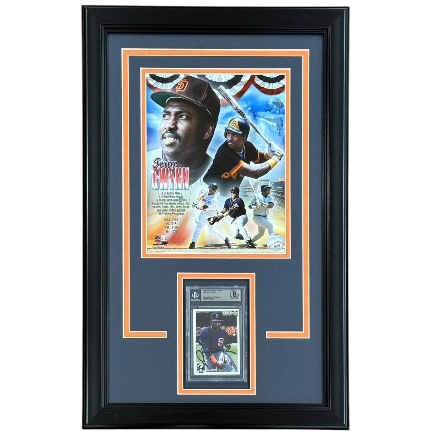 Tony Gwynn Autographed San Diego Padres Baseball Card Deluxe Framed with 8x10 Photo - Beckett