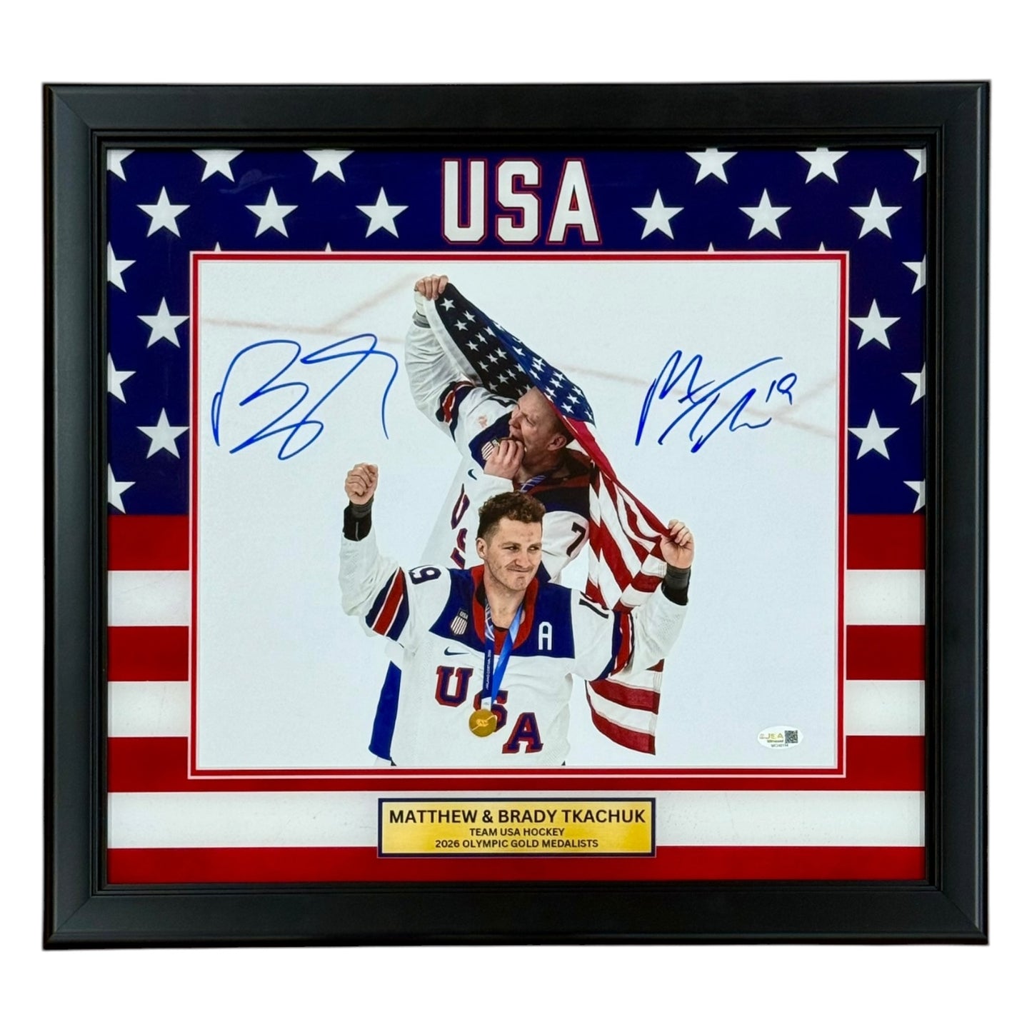 Matthew Tkachuk & Brady Tkachuk Autographed Deluxe Framed Team USA Olympic Gold Medals 11x14 Photo - JSA