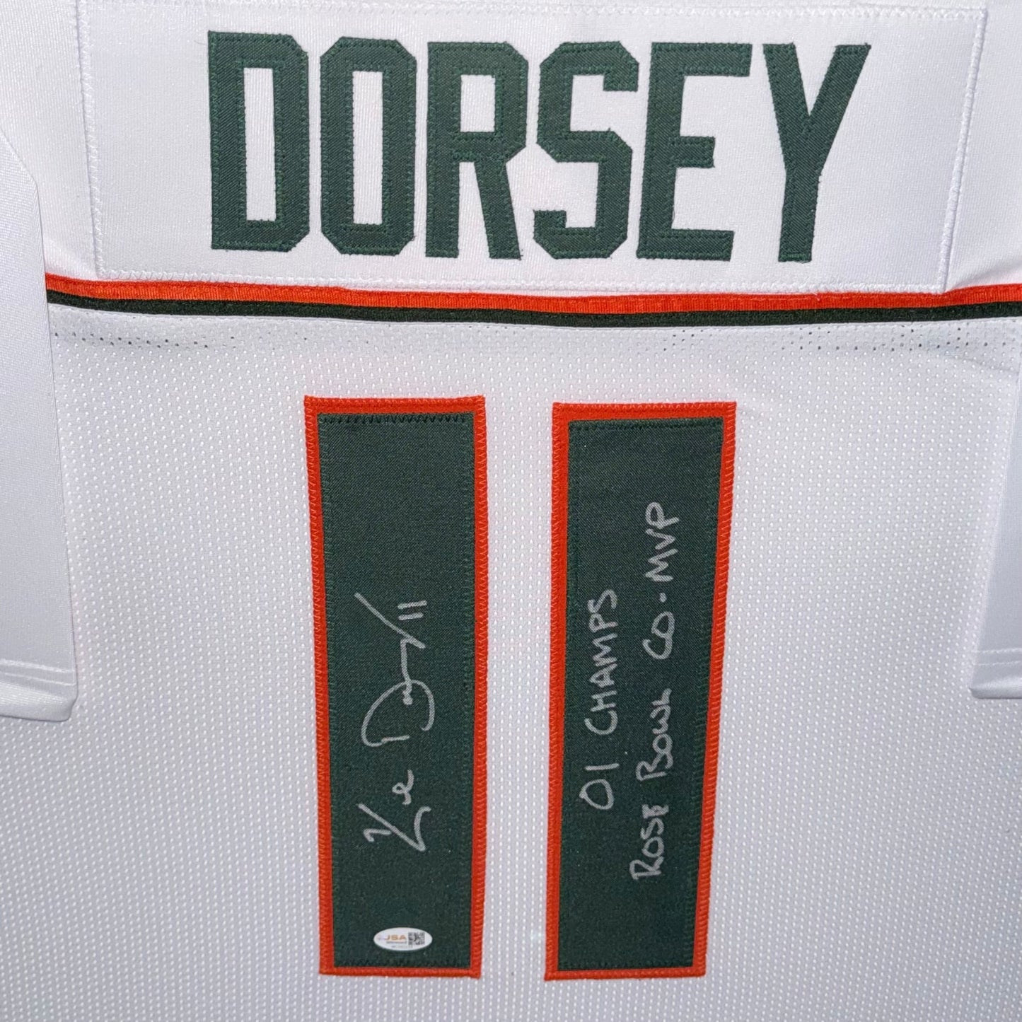 Ken Dorsey Autographed Miami (White #11) Deluxe Framed Custom Stitched Jersey w/ 01 Champs Rose Bowl Co-MVP - JSA