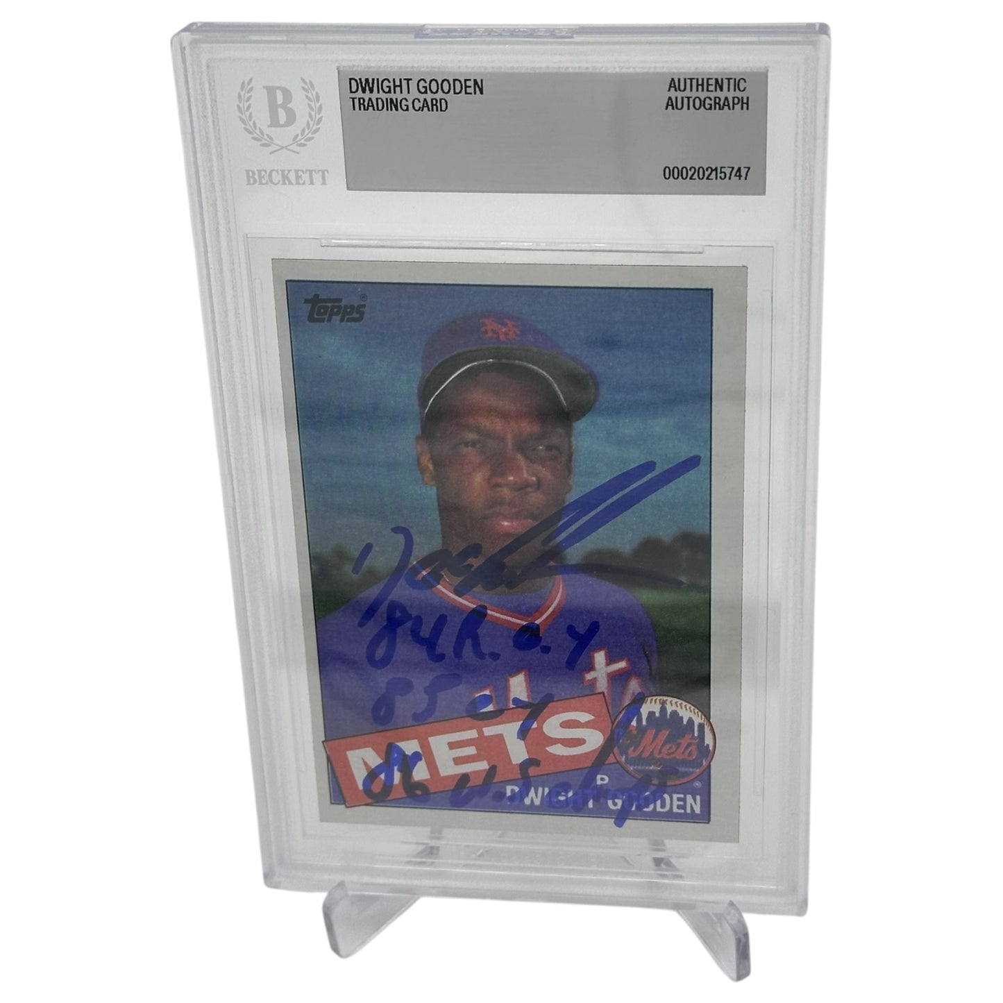 Dwight Gooden Autographed 1985 Topps Rookie Card w/ 84 ROY, 85 CY, 86 WS Champs - Beckett
