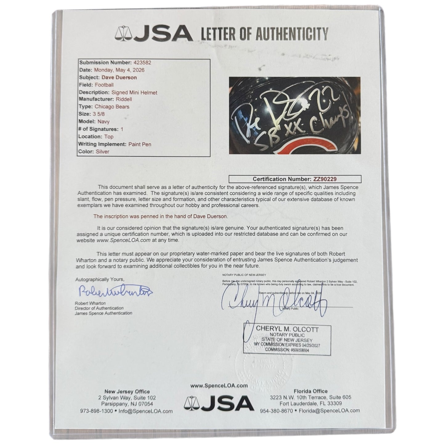 Dave Duerson Autographed Chicago Bears Mini Helmet w/ "SB XX Champs" - JSA