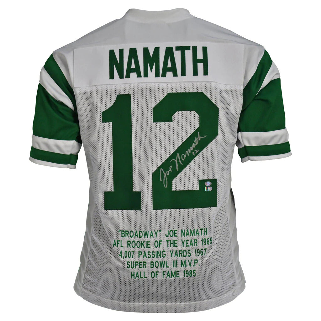 Joe Namath Autographed New York Jets (White #12) STAT Jersey