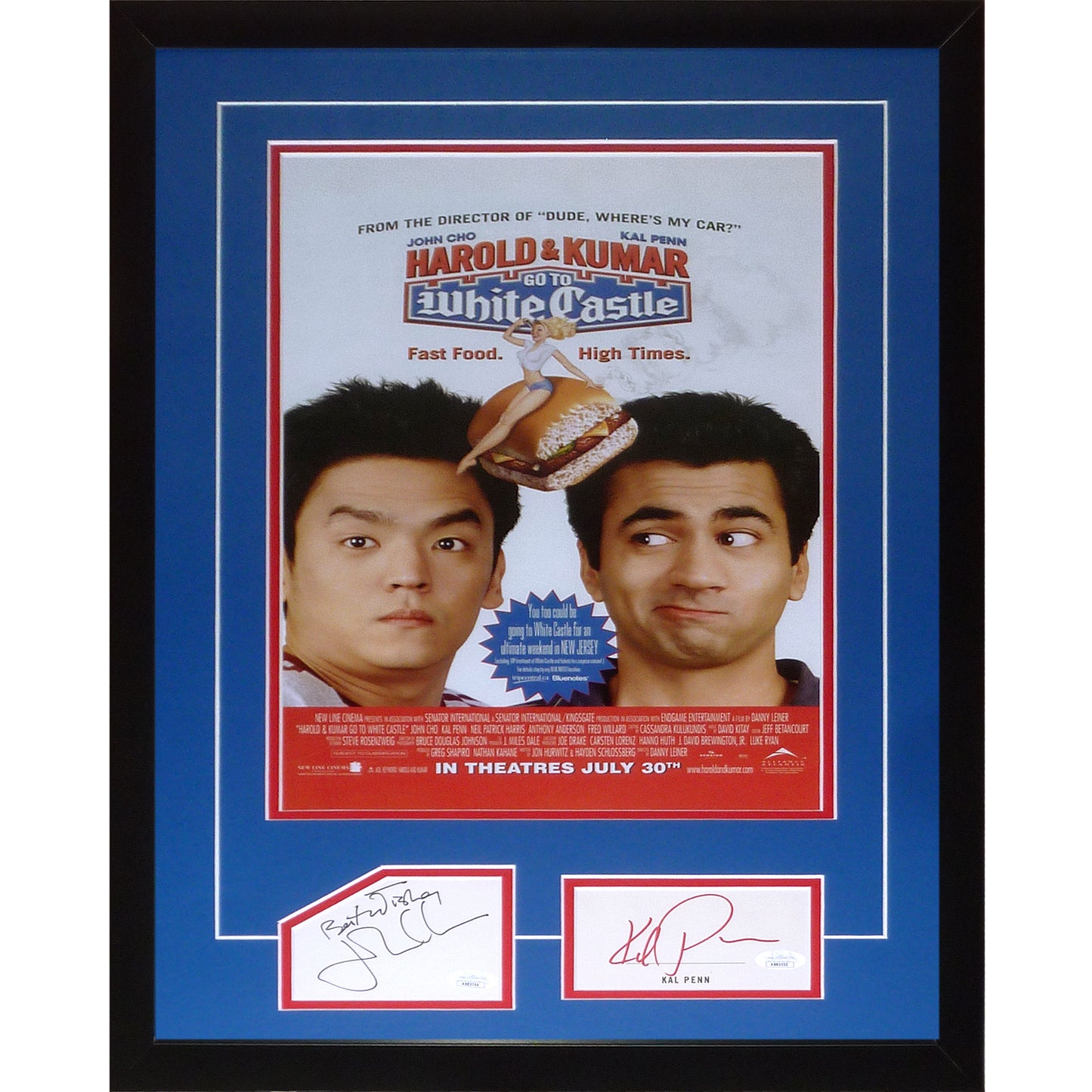Harold And Kumar 11x17 Movie Poster Deluxe Framed with John Cho and Kal Penn Autographs - JSA