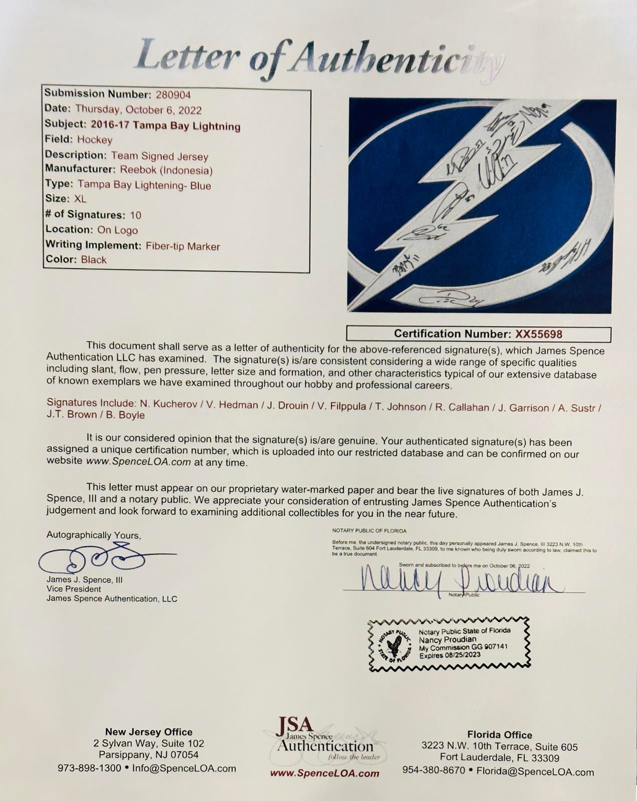 Tampa Bay Lightning Autographed 2016-17 Team Blue Authentic Jersey - JSA Letter