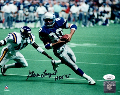 Steve Largent Autographed Seattle Seahawks (Blue Jersey) 8x10 Photo w/ "HOF 95" - JSA