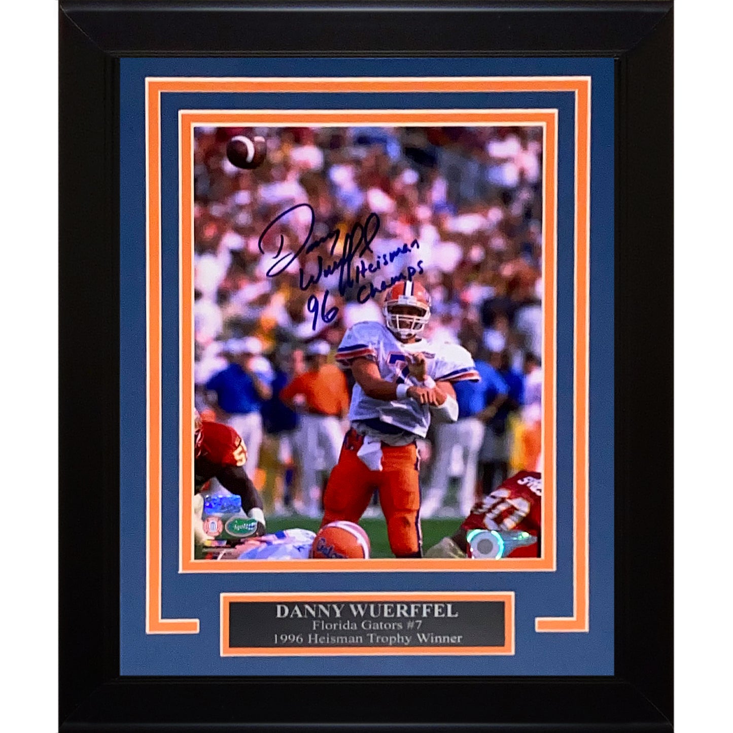Danny Wuerffel Autographed Florida Gators (White Jersey vs FSU) Framed 8x10 Photo w/ "96 Heisman Champs"