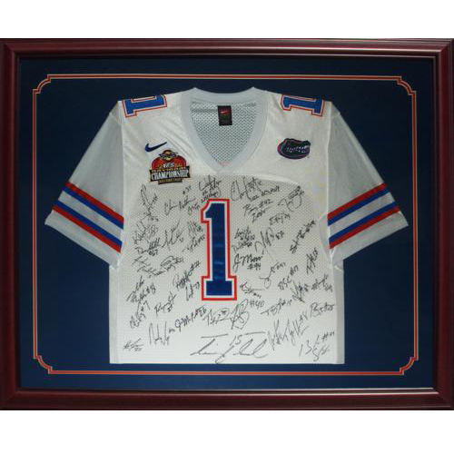 2006 Florida Gators National Championship Team and Urban Meyer Autographed (White #1) Deluxe Framed Jersey - 45 Signatures