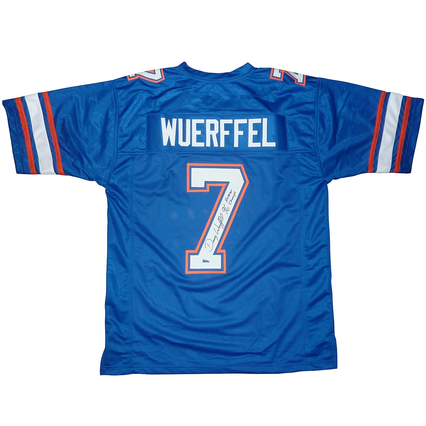 Danny Wuerffel Autographed Florida Gators (Blue #7) Jersey w/ "96 Heisman Champs"