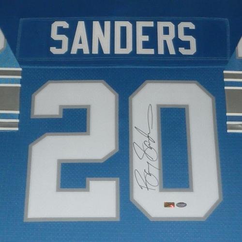 Barry Sanders Autographed Detroit Lions (Blue #20) Deluxe Framed Jersey - Schwartz