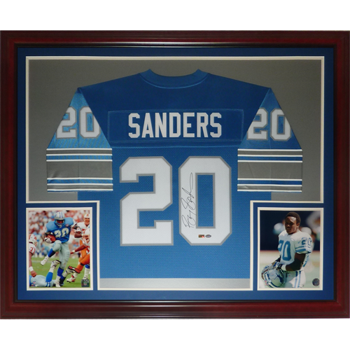 Barry Sanders Autographed Detroit Lions Blue 20 Deluxe Framed