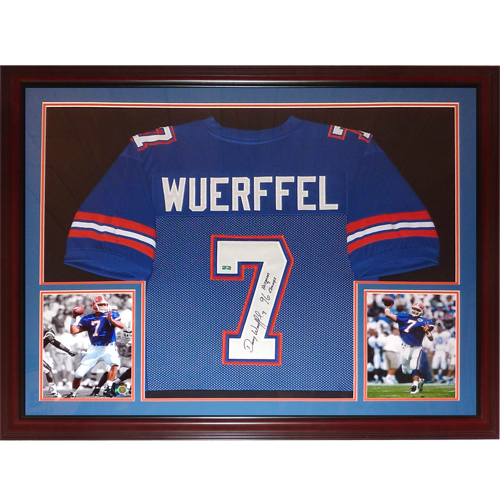 Danny Wuerffel Autographed Florida Gators (Blue #7) Deluxe Framed Jersey w/ "96 Heisman Champs"
