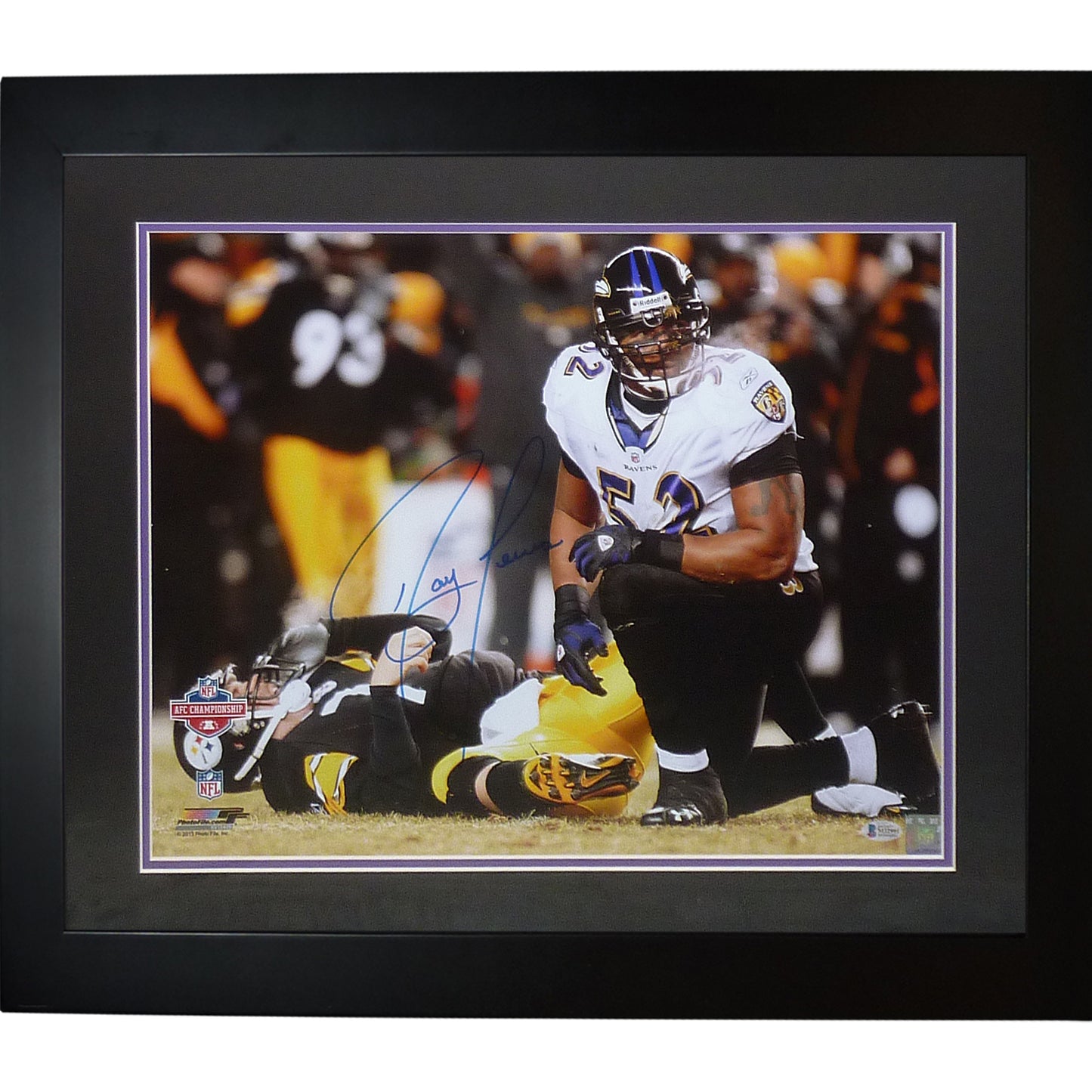 Ray Lewis Autographed Baltimore Ravens (Spotlight Over Roethlisberger) Deluxe Framed 16x20 Photo
