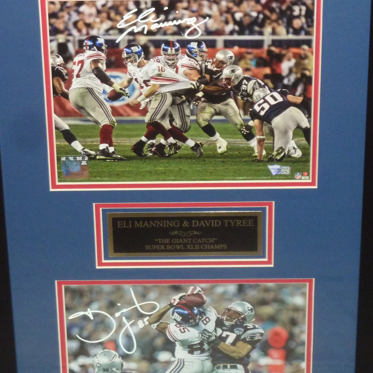 Eli Manning And David Tyree Autographed New York Giants (Super Bowl XLII Catch) Deluxe Framed 8x10 Piece - JSA/Fanatics