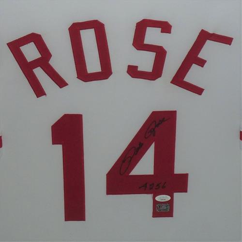 Pete Rose Autographed Cincinnati Reds (White #14) Deluxe Framed Jersey w/ "4256'