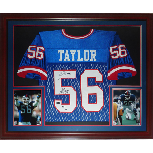 Lawrence Taylor Autographed New York Giants (Blue #56) Deluxe Framed Jersey w/ "SB XXI XXV Champs, HOF 99"