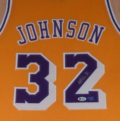 Magic Johnson Autographed Los Angeles Lakers (Yellow #32) Deluxe Framed Jersey - Beckett