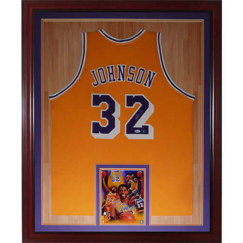 Magic Johnson Autographed Los Angeles Lakers (Yellow #32) Deluxe Framed Jersey - Beckett