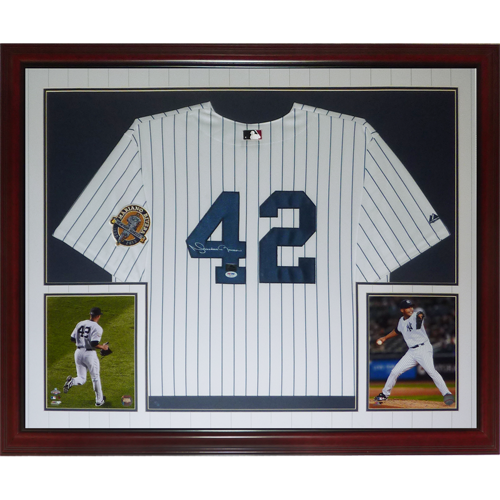 Mariano Rivera Autograph Jersey New York Yankees White with Inscription 99  WS MVP Framed 37x45 - New England Picture