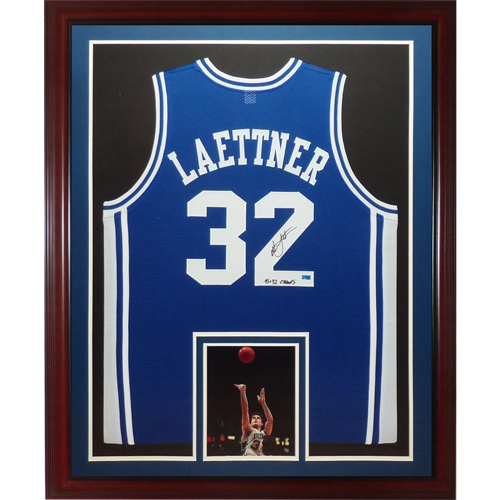 Christian Laettner Autographed Duke Blue Devils (Blue #32) Deluxe Framed Jersey w/ "91 & 92 NCAA Champs"