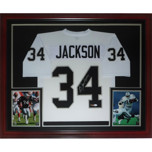 Bo Jackson Autographed Oakland Raiders (White #34) Deluxe Framed Jersey - Beckett