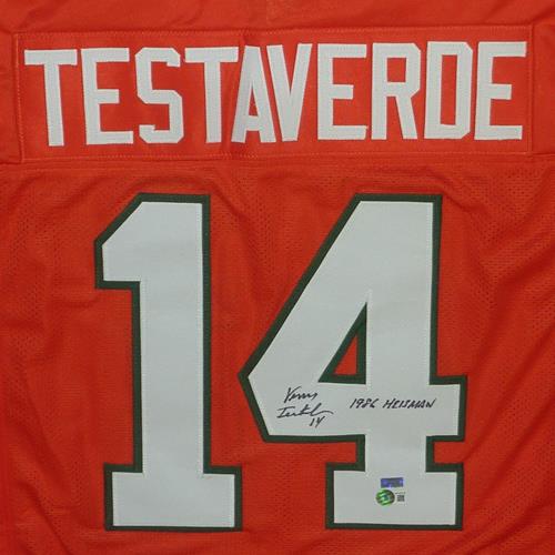 Vinny Testaverde Autographed Miami Hurricanes (Orange #14) Custom Jersey w/ "Heisman 1986" - Beckett