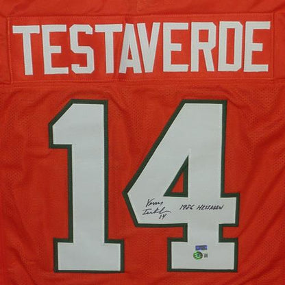 Vinny Testaverde Autographed Miami Hurricanes (Orange #14) Custom Jersey w/ "Heisman 1986" - Beckett