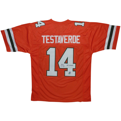 Vinny Testaverde Autographed Miami Hurricanes (Orange #14) Custom Jersey w/ "Heisman 1986" - Beckett