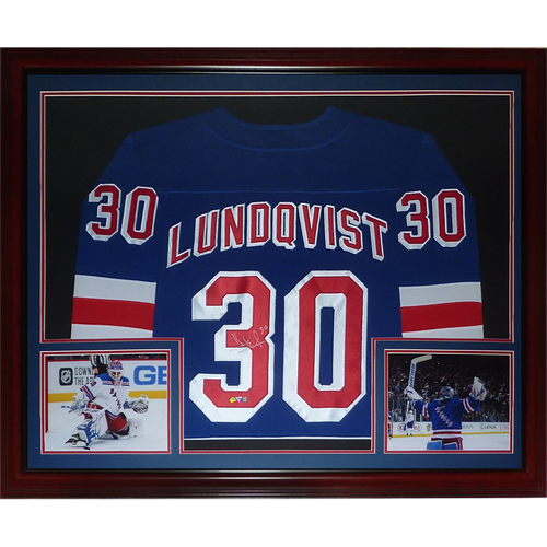 Henrik Lundqvist New York Rangers Autographed 16 x 20 Blue Jersey in Net Photograph with HOF 23 Inscription