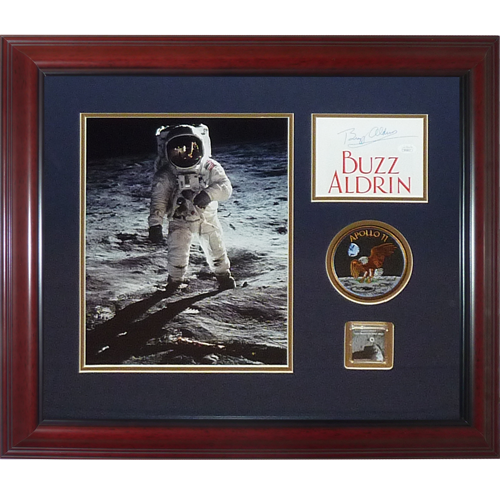 Buzz Aldrin Autographed Apollo 11 Moon Landing Deluxe Frame with 11x14 Photo, Mission Patch and Genuine Moon Rock - JSA