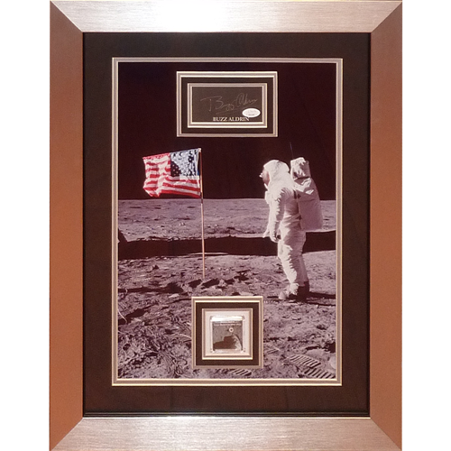 Buzz Aldrin Autographed Apollo 11 Moon Landing (with American Flag) Deluxe Framed 13x19 Photo with Floating Matted Signature and Genuine Moon Rock - JSA