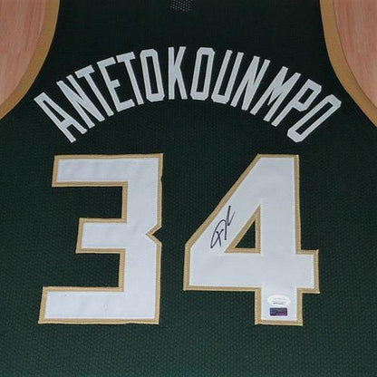 Giannis Antetokounmpo Autographed Milwaukee Bucks (Green #34) Deluxe Framed Jersey - JSA