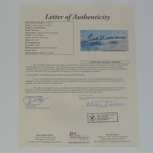 Ted Williams Autographed Boston Red Sox Deluxe Framed Artwork w/ "1936-1960" - The End of An Era - JSA Full Letter