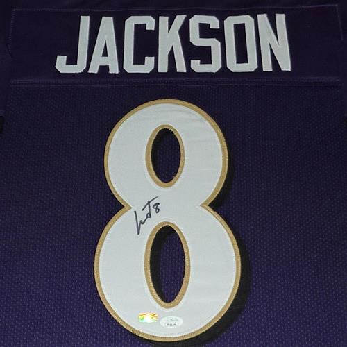 Lamar Jackson Autographed Baltimore (Purple #8) Deluxe Framed Jersey - JSA