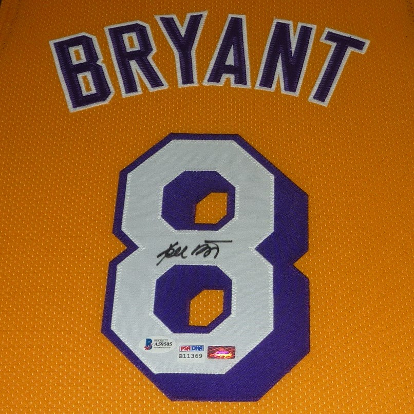 Kobe Bryant Autographed Los Angeles (Yellow #8) Deluxe Framed Jersey - PSADNA, Beckett Letter