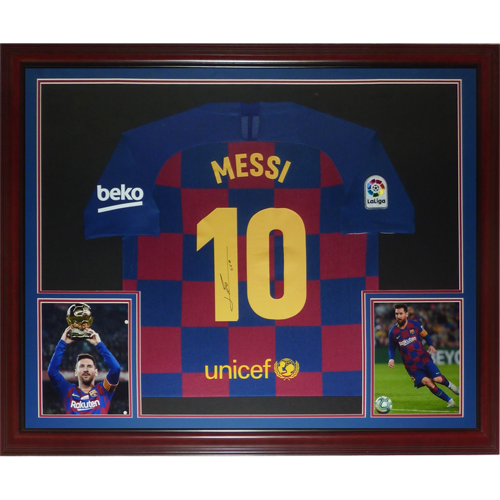 Lionel Messi Autographed FC Barcelona (19-20 Home #10) Deluxe Framed Soccer Jersey - Icons COA