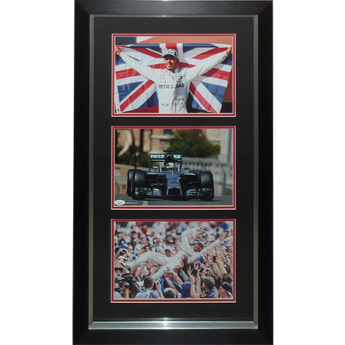 Lewis Hamilton Autographed Formula One Racing Deluxe Framed Triple Photo Piece - JSA