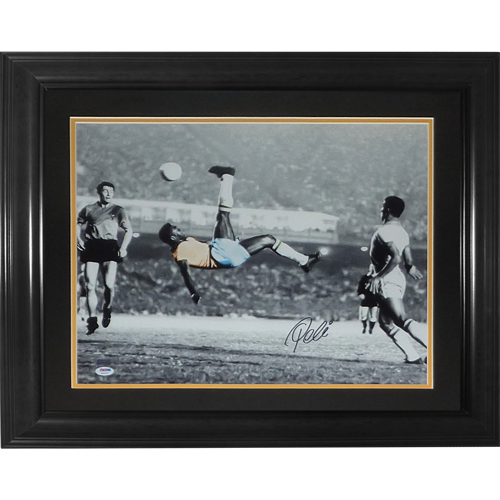 Pele Autographed Brazil Soccer (Bicycle Kick Spotlight) Deluxe Framed 16x20 Photo - PSADNA