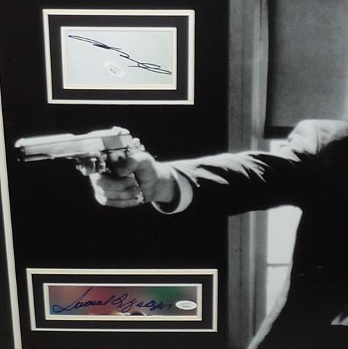 Pulp Fiction Duo with Guns Full-Size Movie Poster Deluxe Framed with John Travolta And Samuel L. Jackson Autographs - JSA